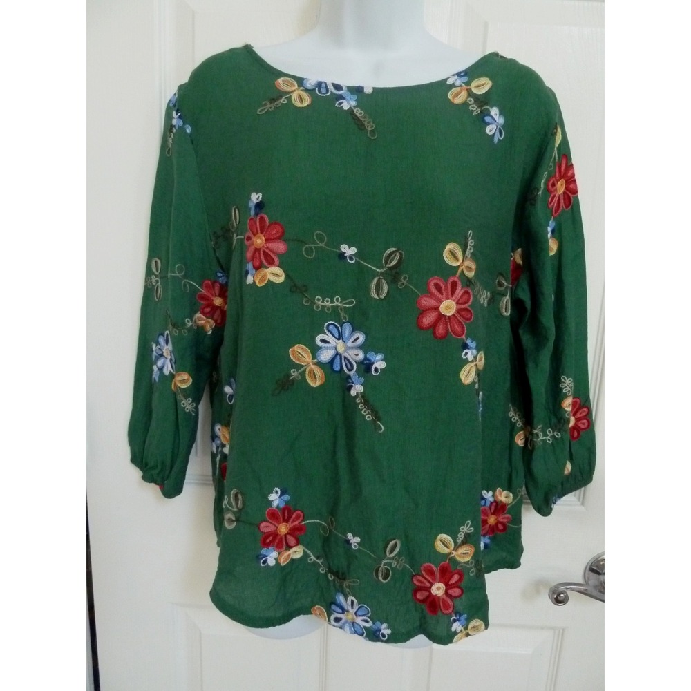 Ana & Rose Women Green Embroidered Pullover Blouse Floral Festival Top Small